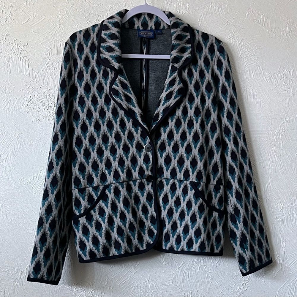 Pendleton Modern Tribal Cotton  Blazer Jacket Womens Argyle Blue Size L